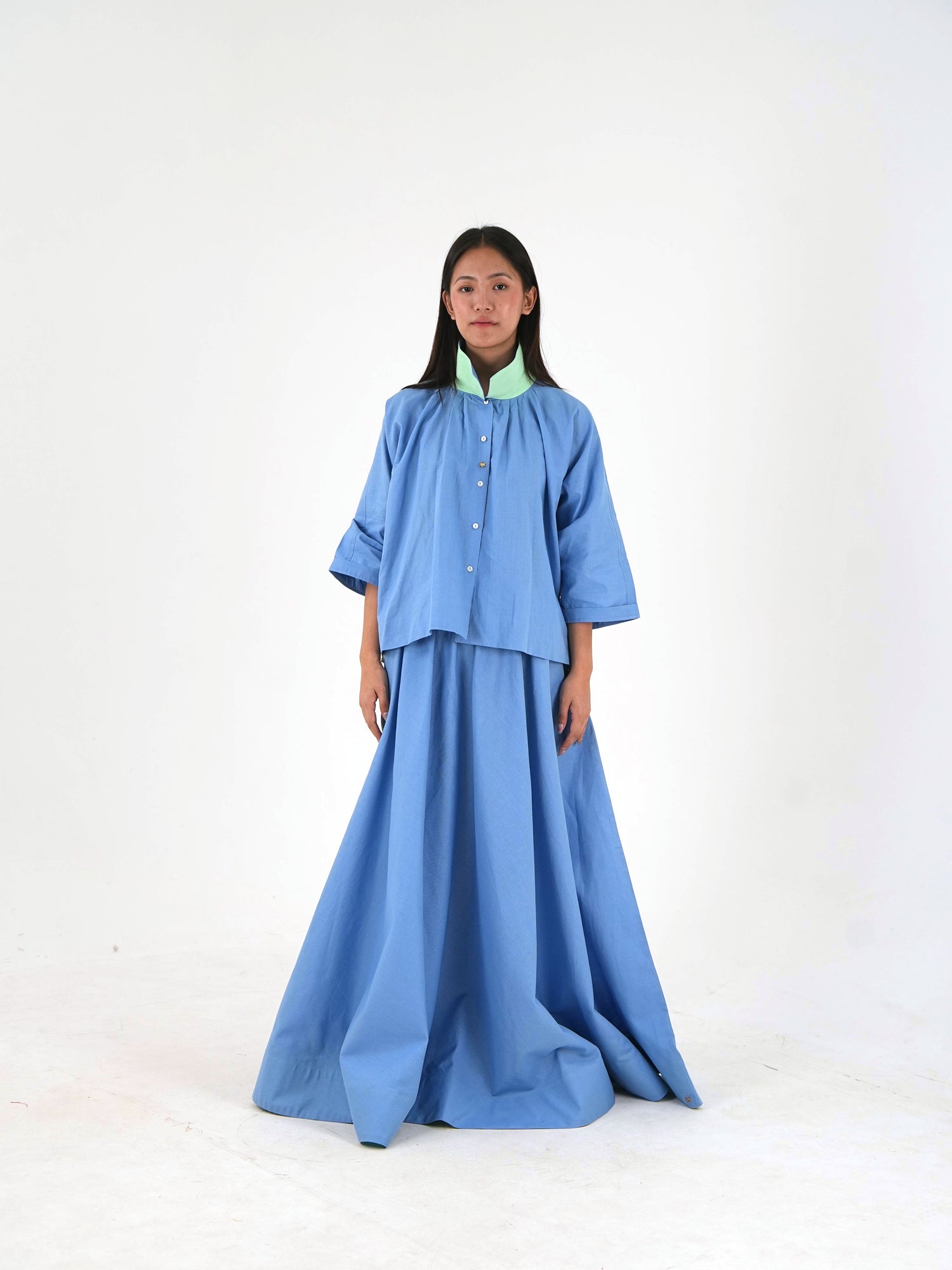 Mandarin Collar Linen Shirt - Pastel Blue