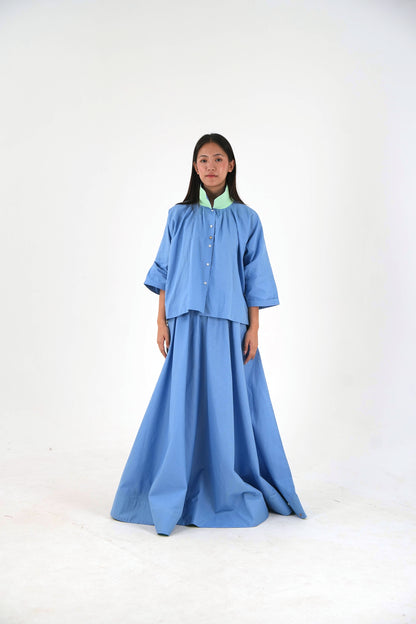Mandarin Collar Linen Shirt - Pastel Blue