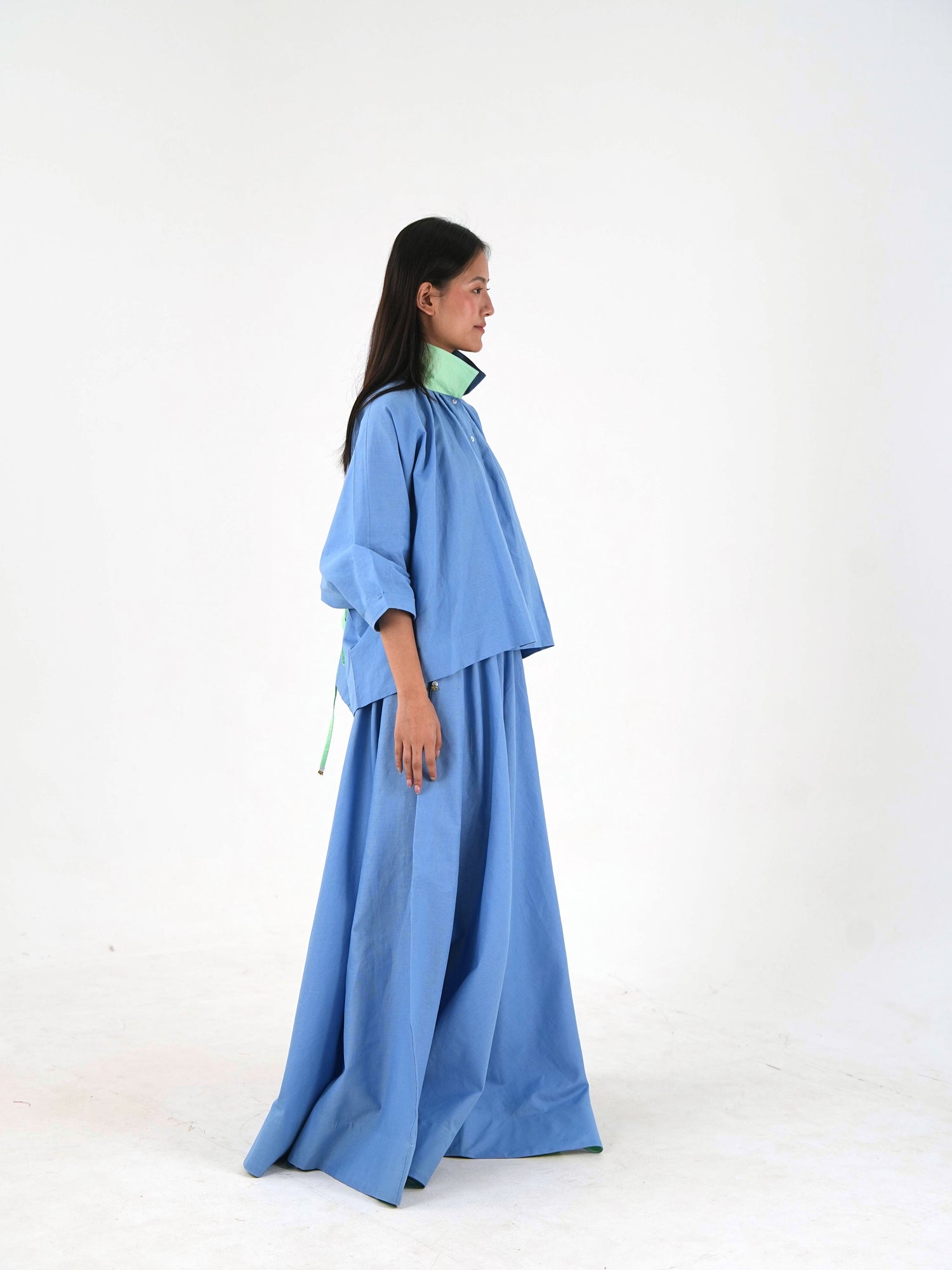 Mandarin Collar Linen Shirt - Pastel Blue