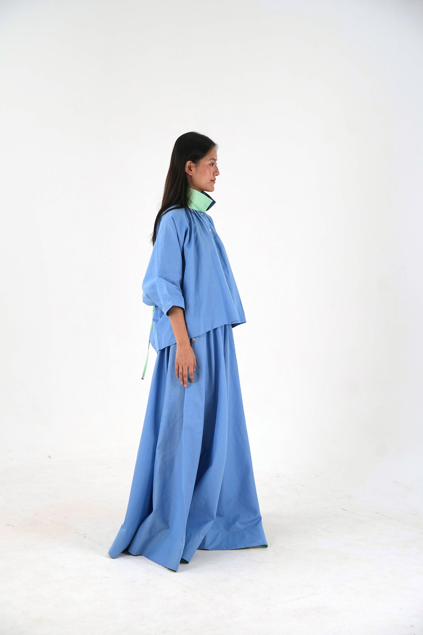 Mandarin Collar Linen Shirt - Pastel Blue