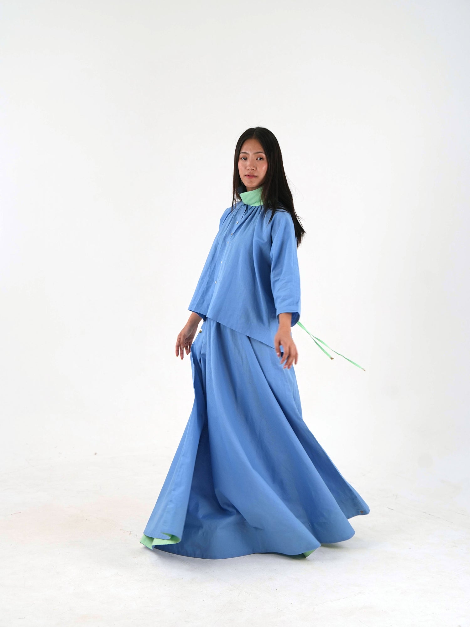 Mandarin Collar Linen Shirt - Pastel Blue