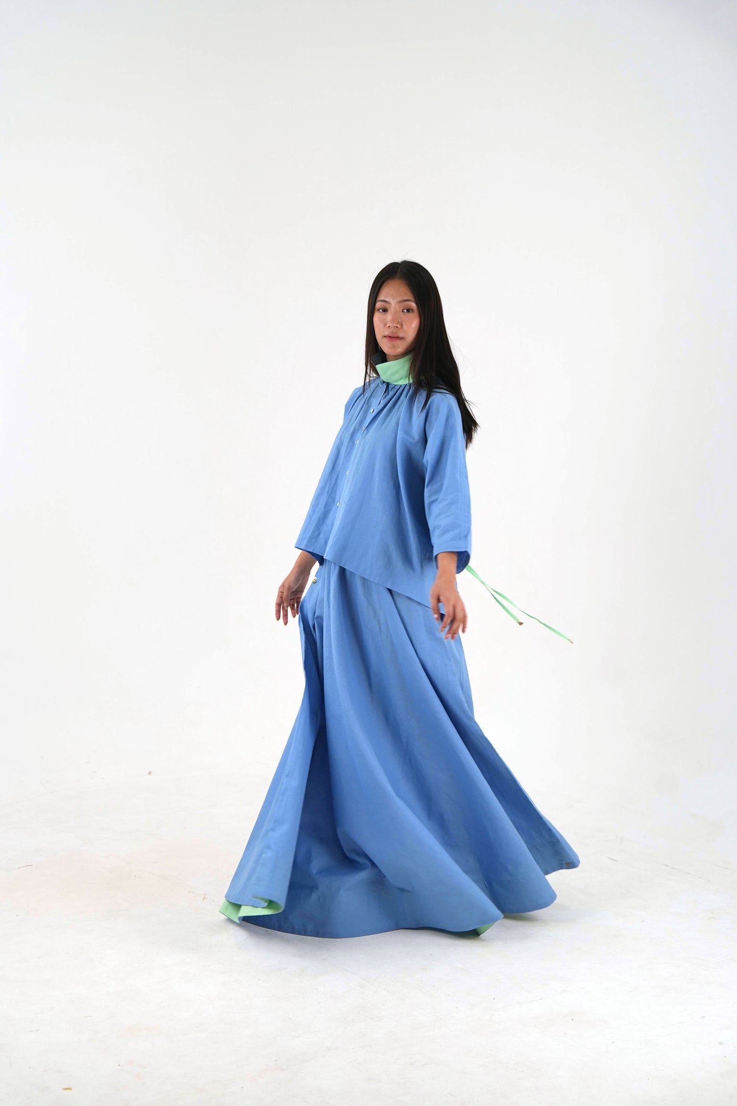 Mandarin Collar Linen Shirt - Pastel Blue