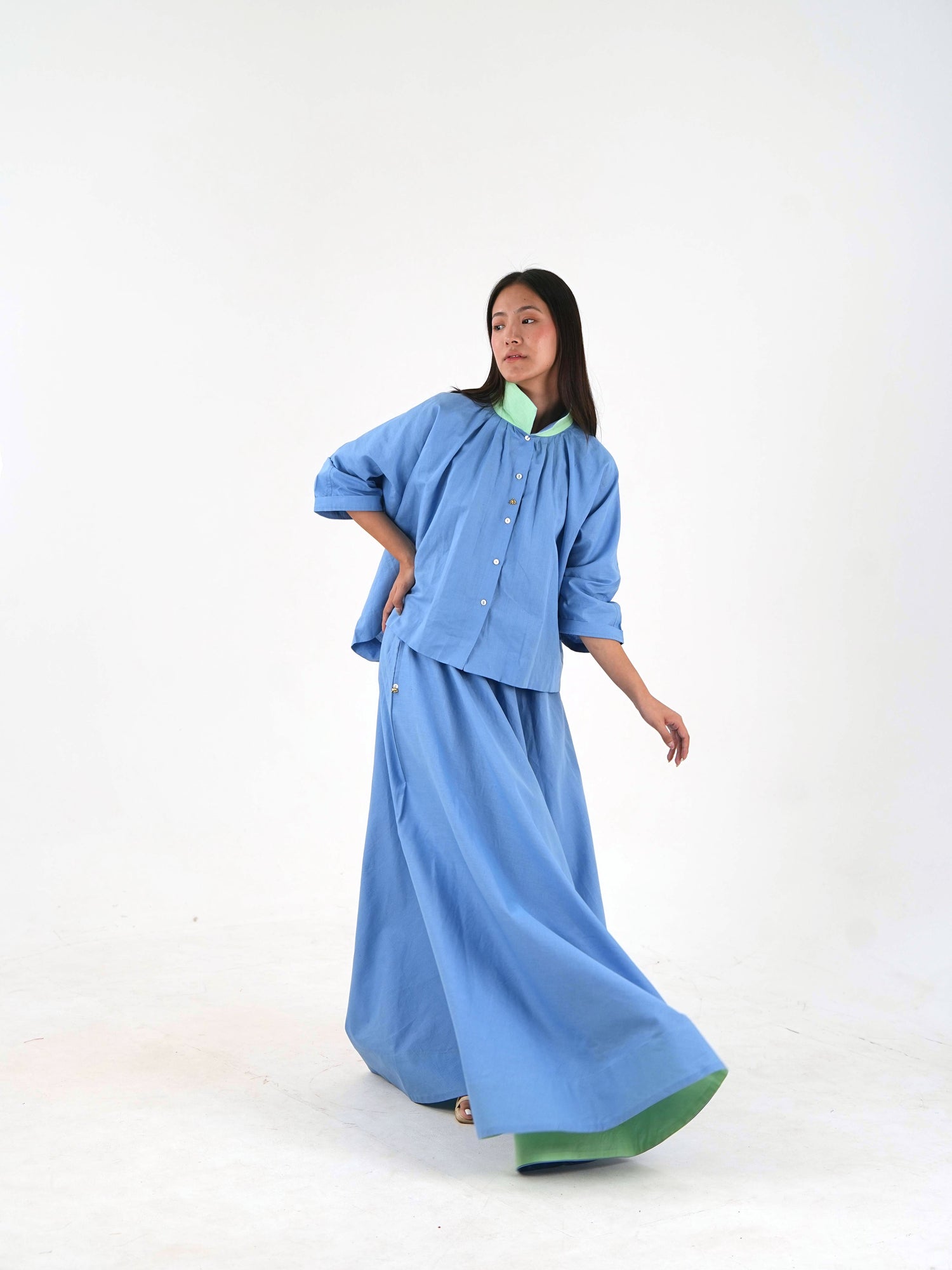 Ankle Length Resort Skirt - Pastel Blue Linen