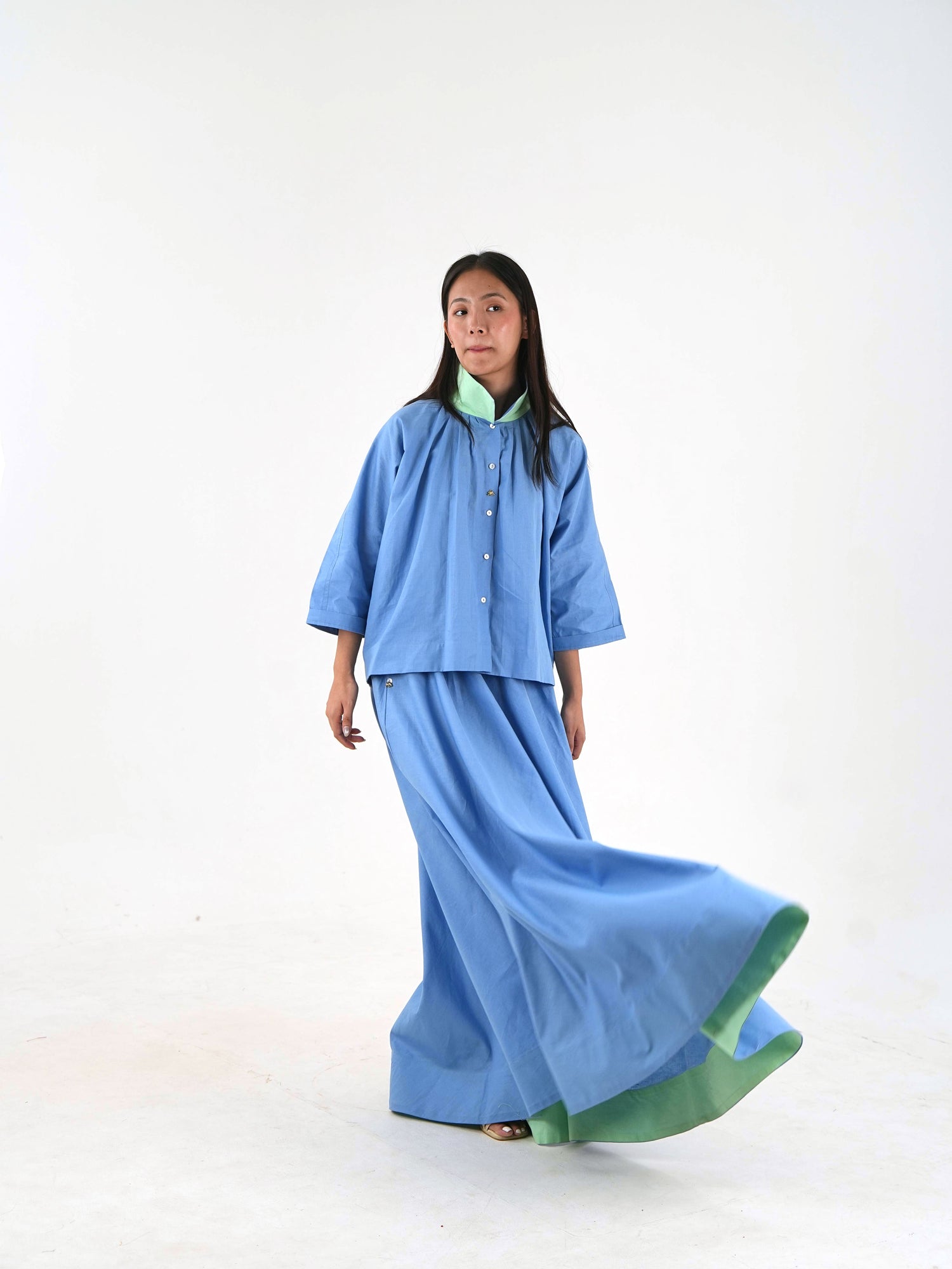 Mandarin Collar Linen Shirt - Pastel Blue