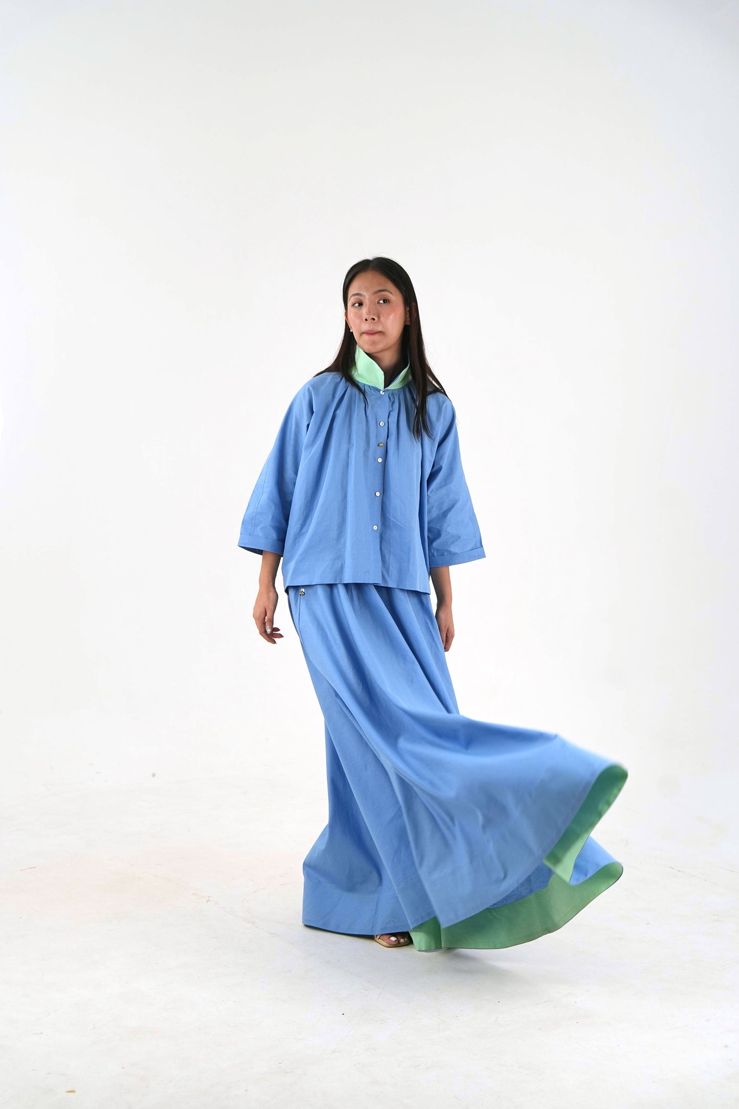 Mandarin Collar Linen Shirt - Pastel Blue