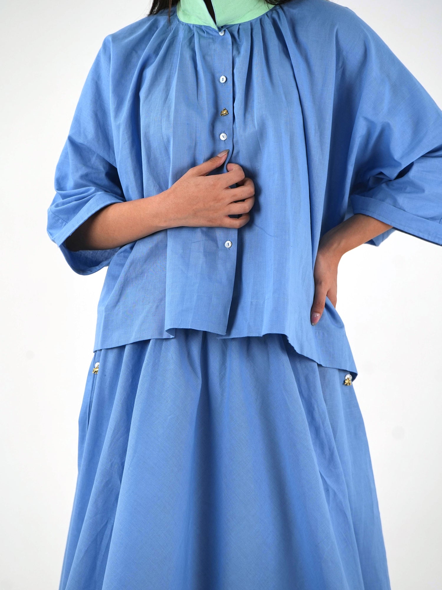 Mandarin Collar Linen Shirt - Pastel Blue
