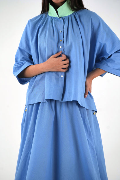 Mandarin Collar Linen Shirt - Pastel Blue