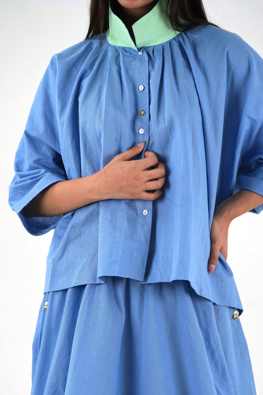 Mandarin Collar Linen Shirt - Pastel Blue