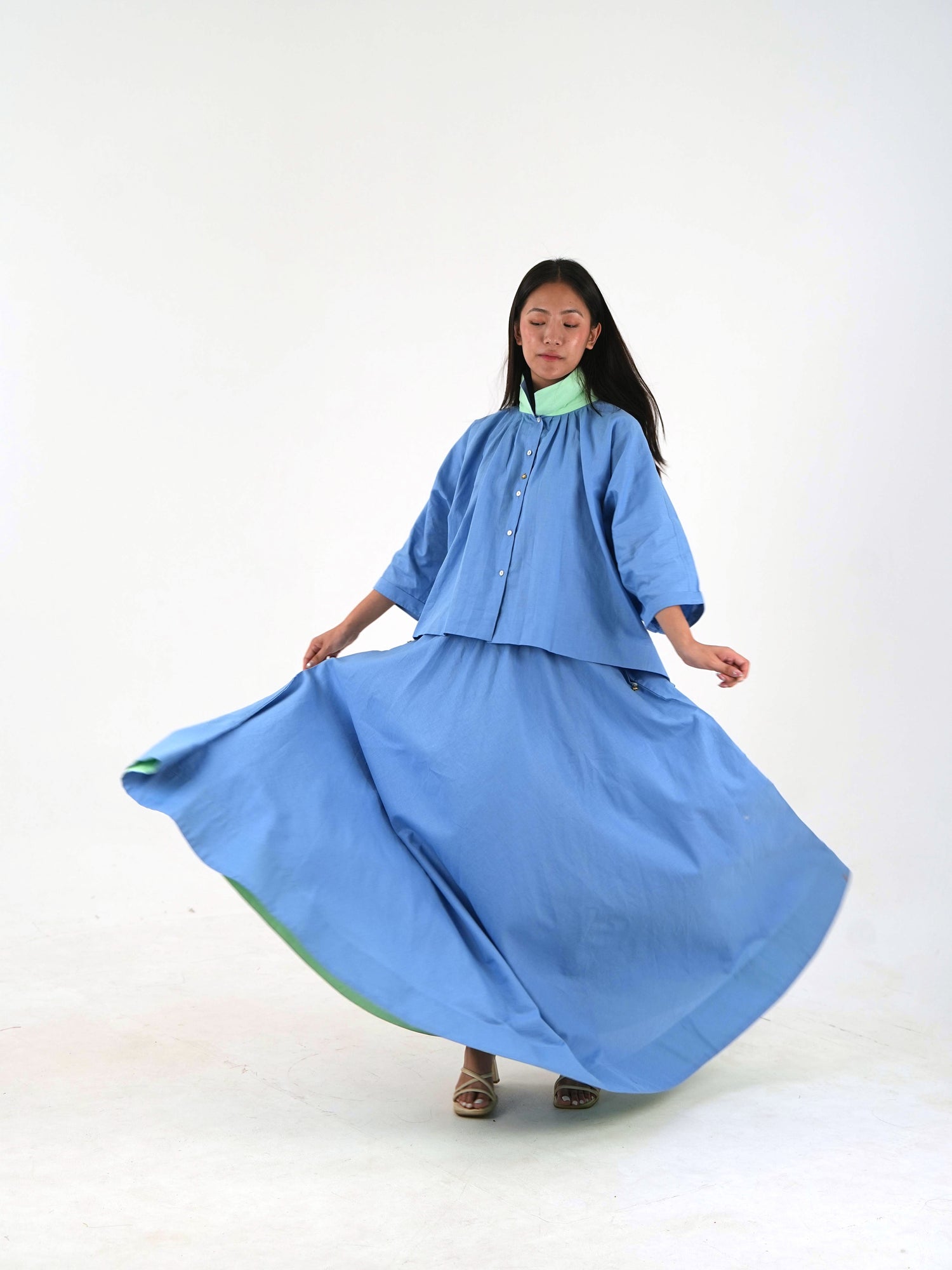 Ankle Length Resort Skirt - Pastel Blue Linen