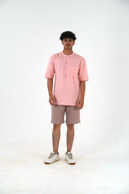 Half Sleeve Casual Kurta Shirt Set - Peach Pink