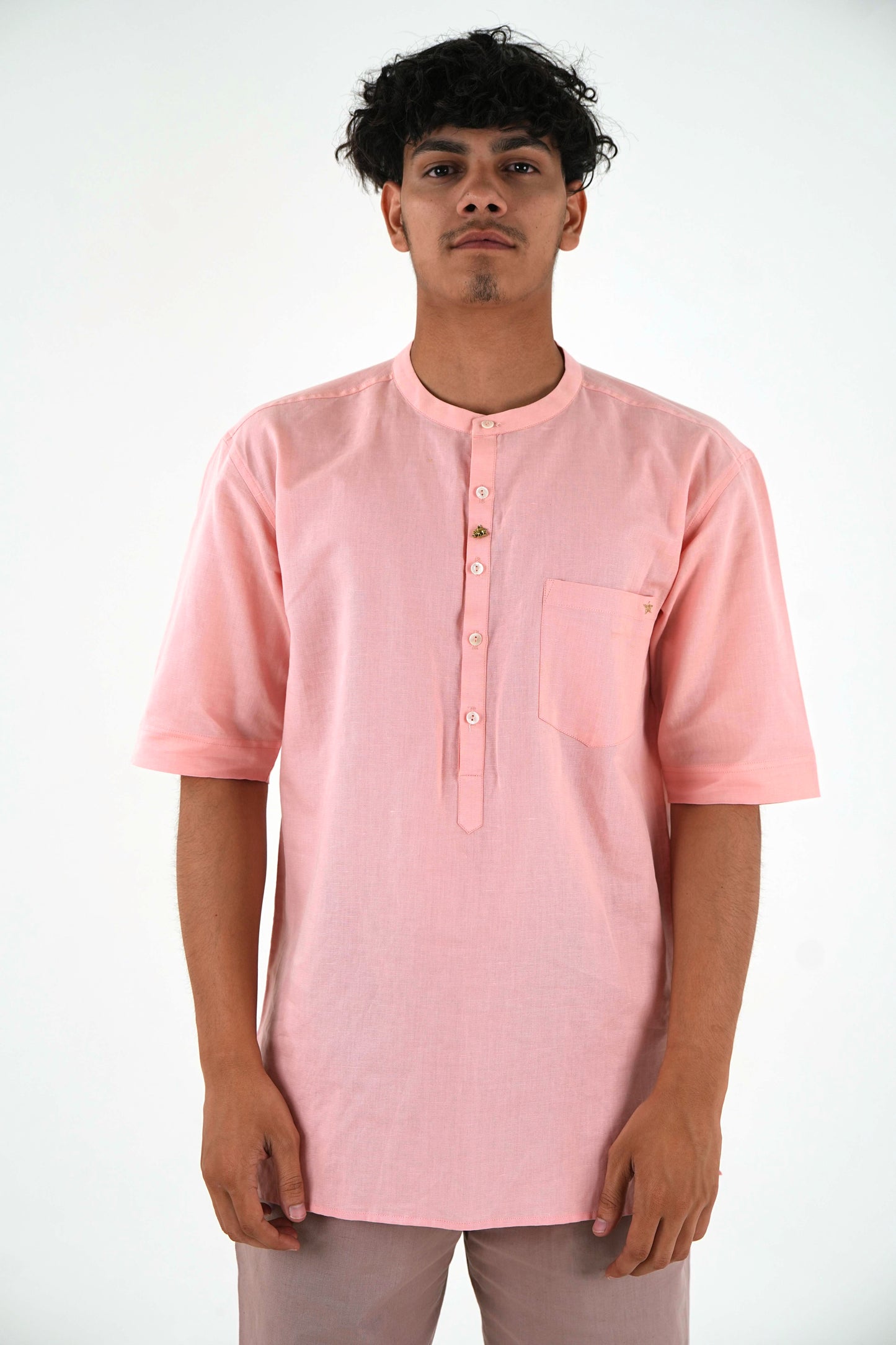 Half Sleeve Casual Kurta Shirt Set - Peach Pink