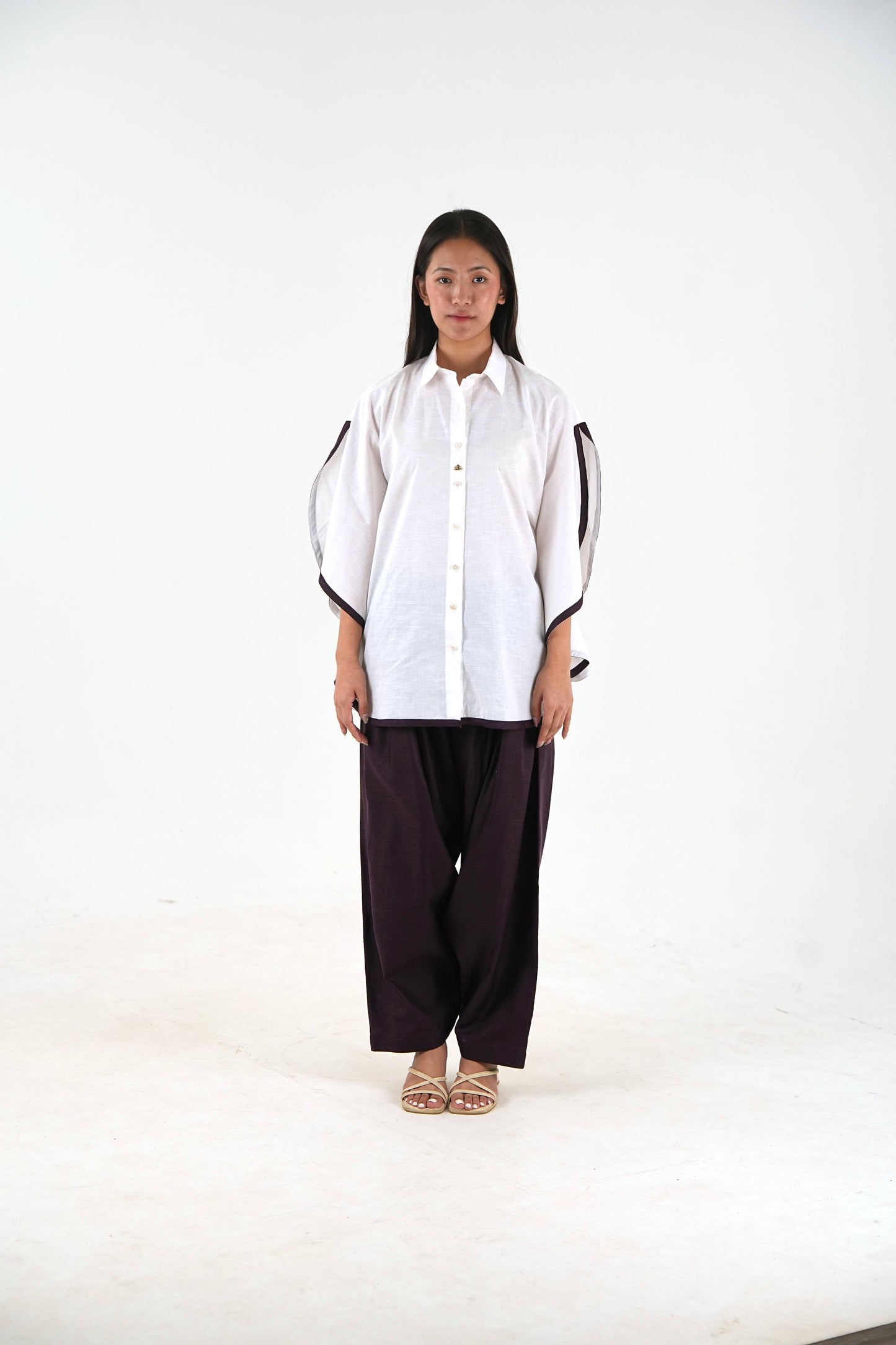 Shirt Collar Cape Shirt - White Linen Cotton