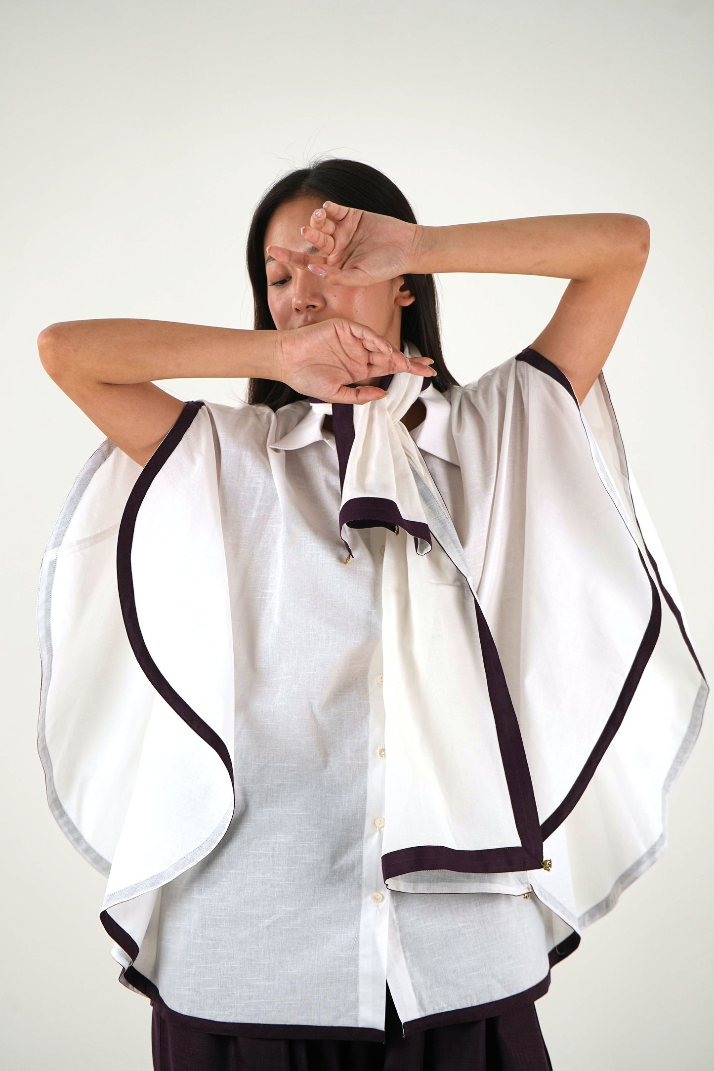 Shirt Collar Cape Shirt - White Linen Cotton