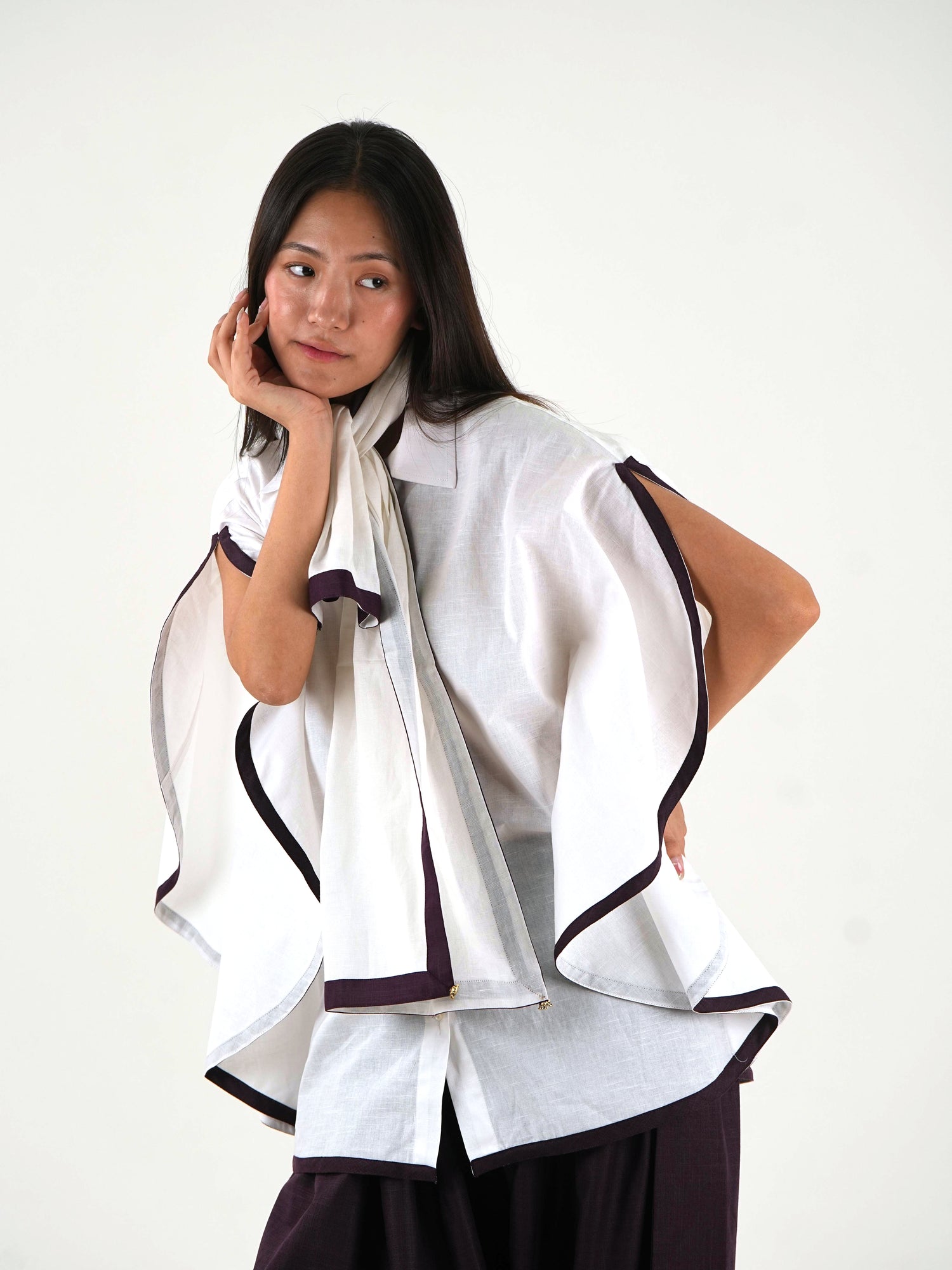 Shirt Collar Cape Shirt - White Linen Cotton