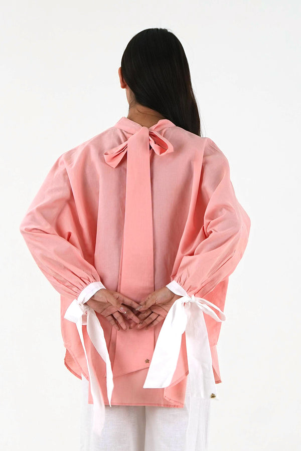 High Neck Oversized Top - Pastel Peach Linen Cotton