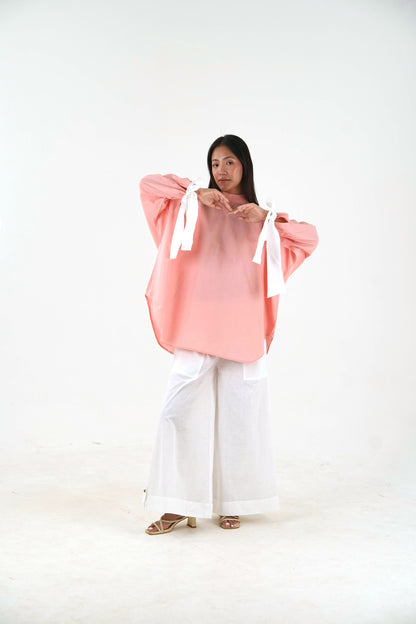 Round Neck Oversized Top - Pastel Pink Linen