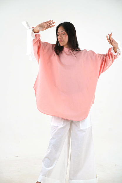Round Neck Oversized Top - Pastel Pink Linen