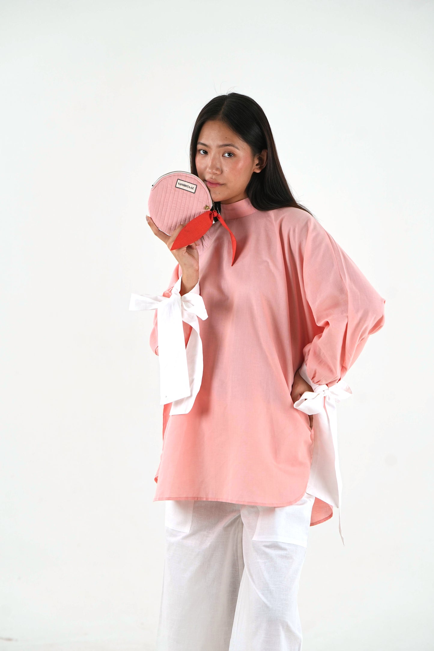Round Neck Oversized Top - Pastel Pink Linen