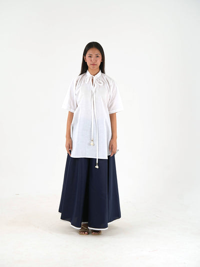 Flared Hem Wide Leg Pant - Navy Blue Linen