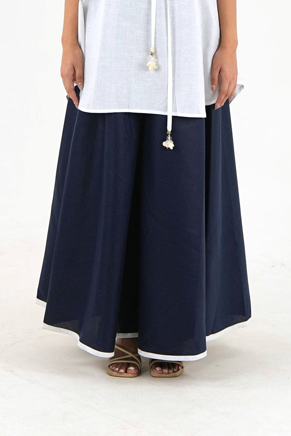 Flared Hem Wide Leg Pant - Navy Blue Linen