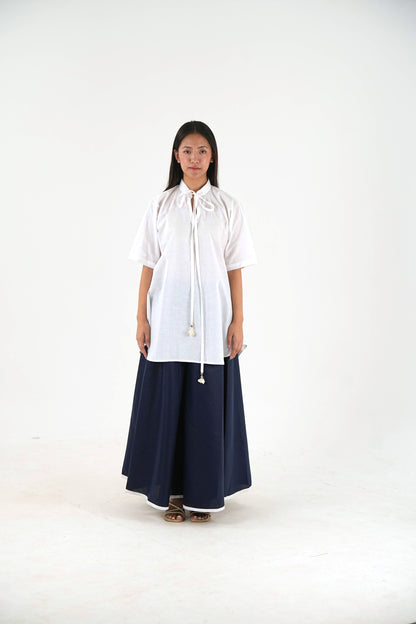Half Sleeve Linen Tunic - White Relaxed Fit