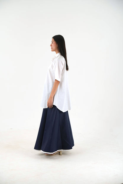 Flared Hem Wide Leg Pant - Navy Blue Linen