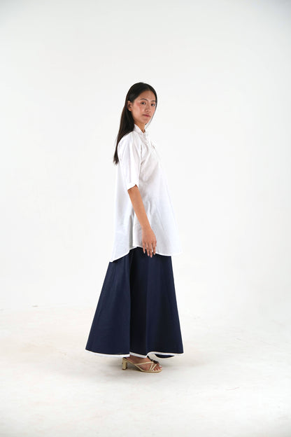 Flared Hem Wide Leg Pant - Navy Blue Linen