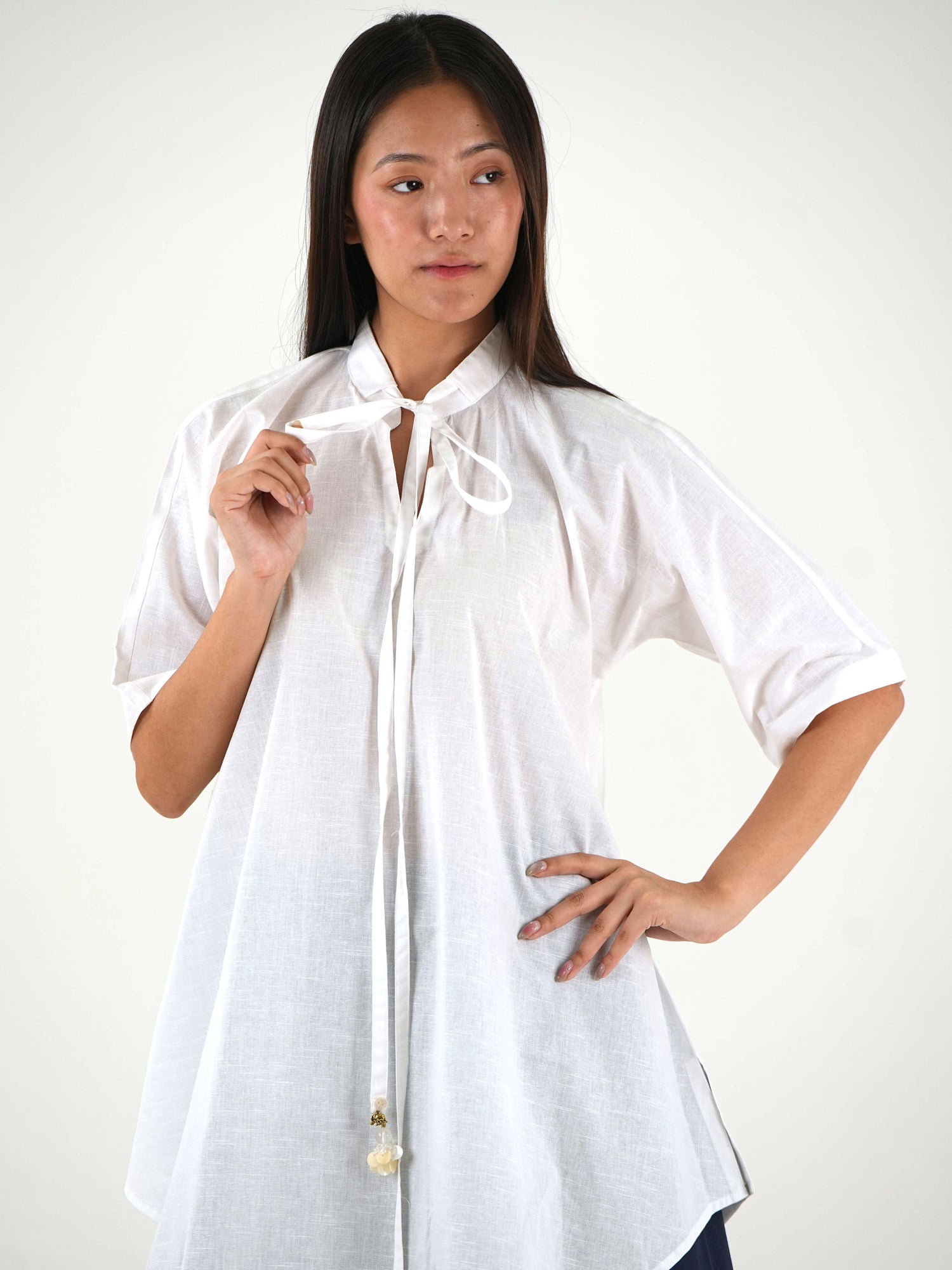 Half Sleeve Linen Tunic - White Relaxed Fit