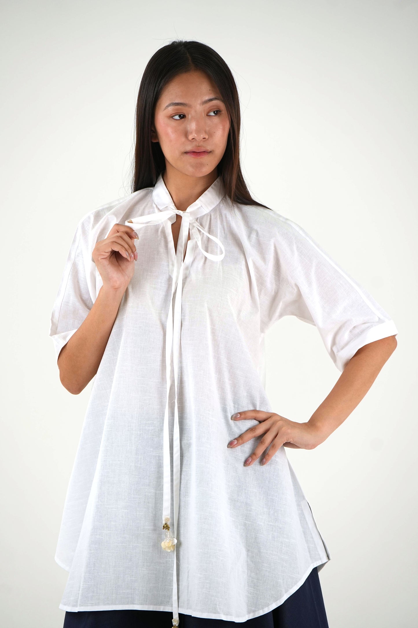 Half Sleeve Linen Tunic - White Relaxed Fit