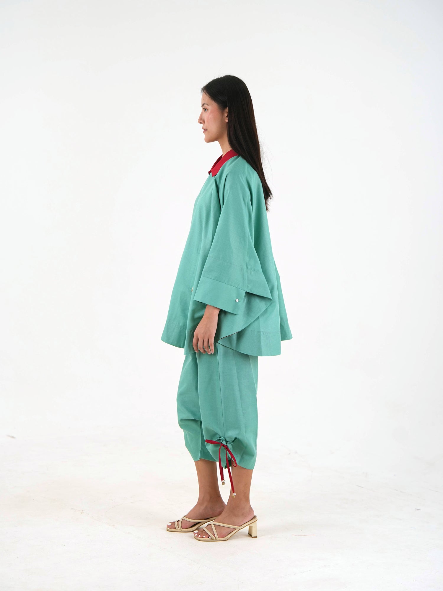Wide Sleeve Kaftan Top - Sea Green Linen