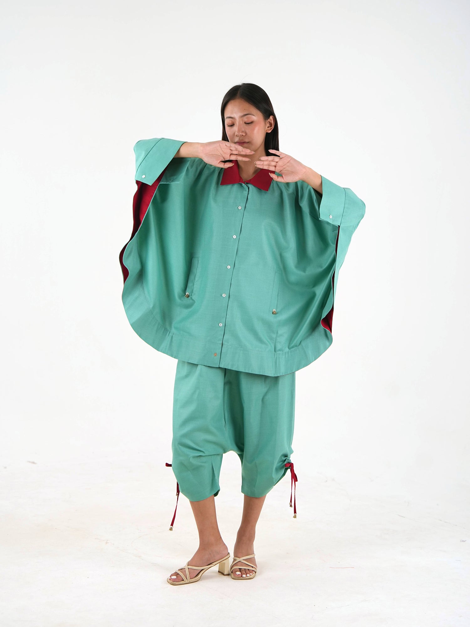 Wide Sleeve Kaftan Top - Sea Green Linen