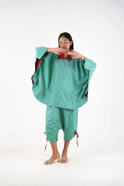 Wide Sleeve Kaftan Top - Sea Green Linen