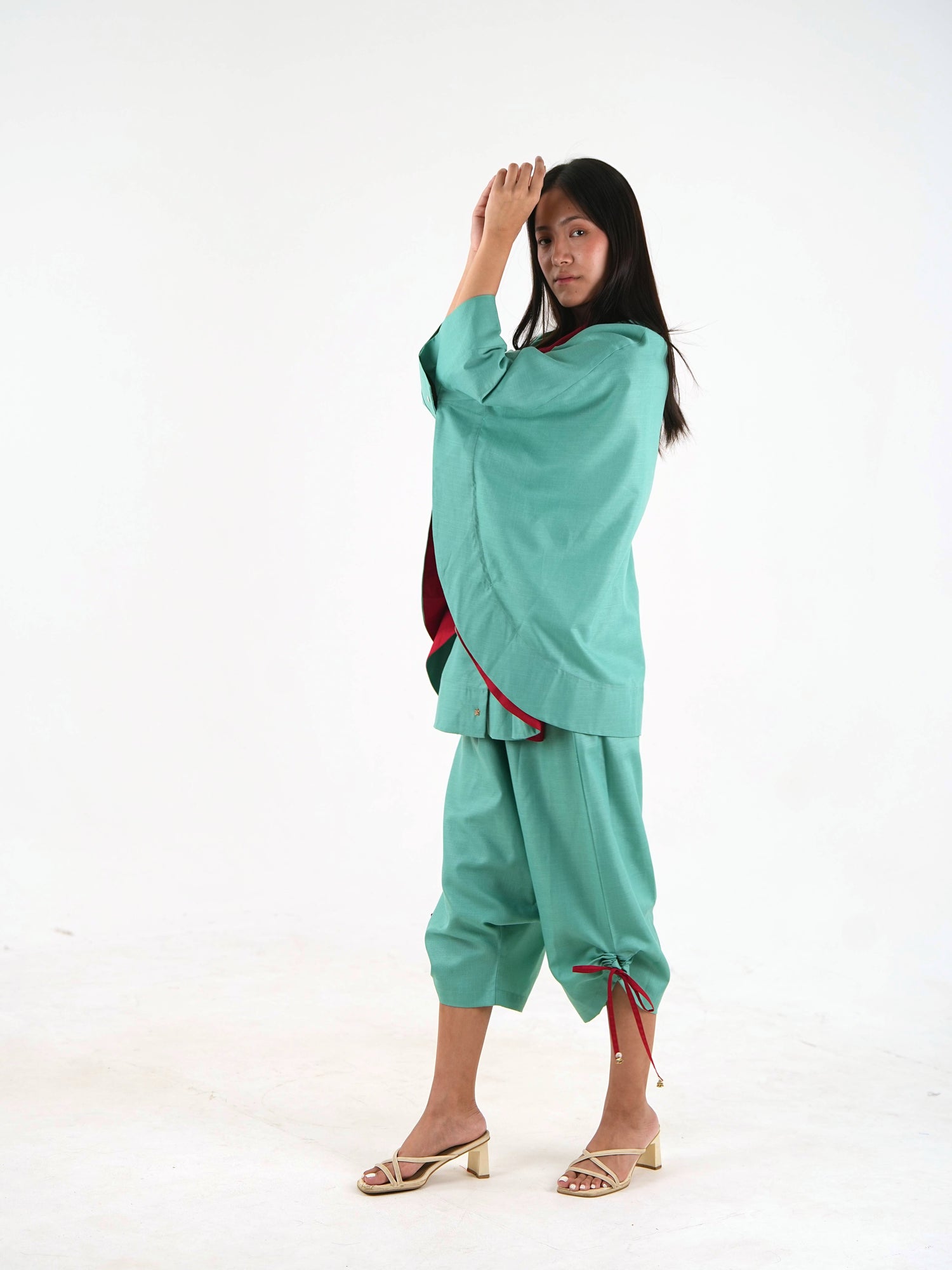 Wide Sleeve Kaftan Top - Sea Green Linen