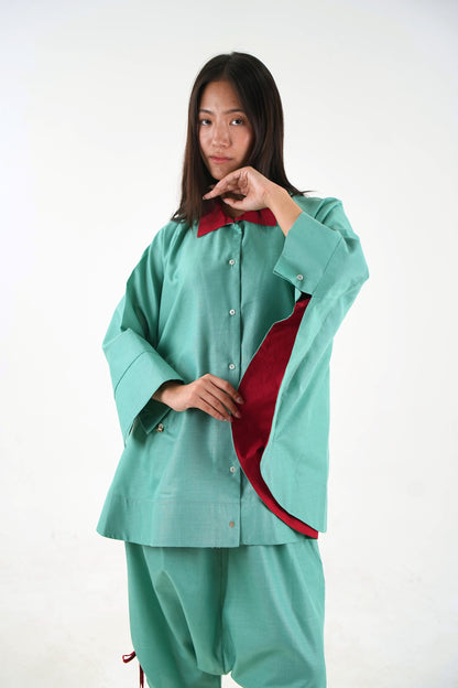 Wide Sleeve Kaftan Top - Sea Green Linen