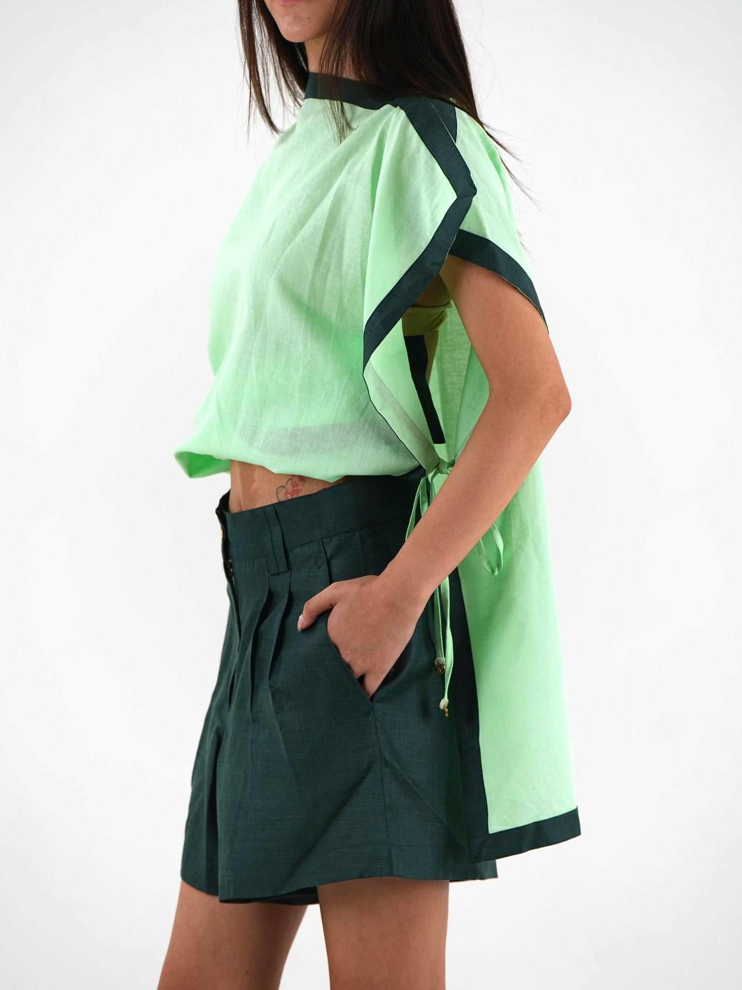 Straight Cut Linen Shorts - Dark Green