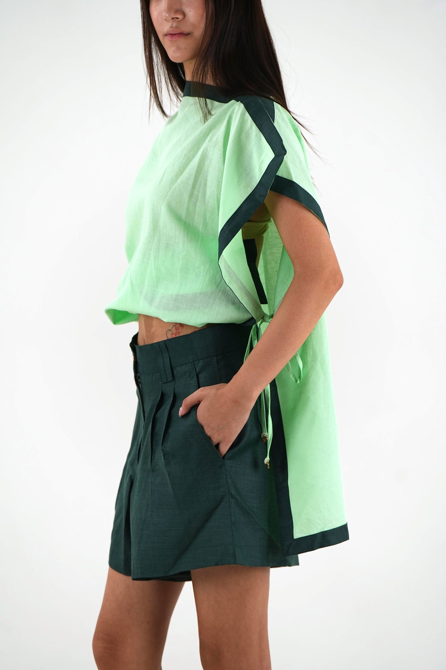 Straight Cut Linen Shorts - Dark Green