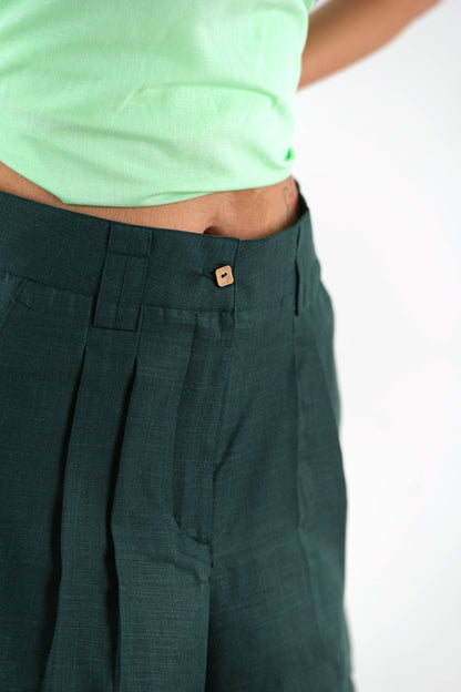 Straight Cut Linen Shorts - Dark Green