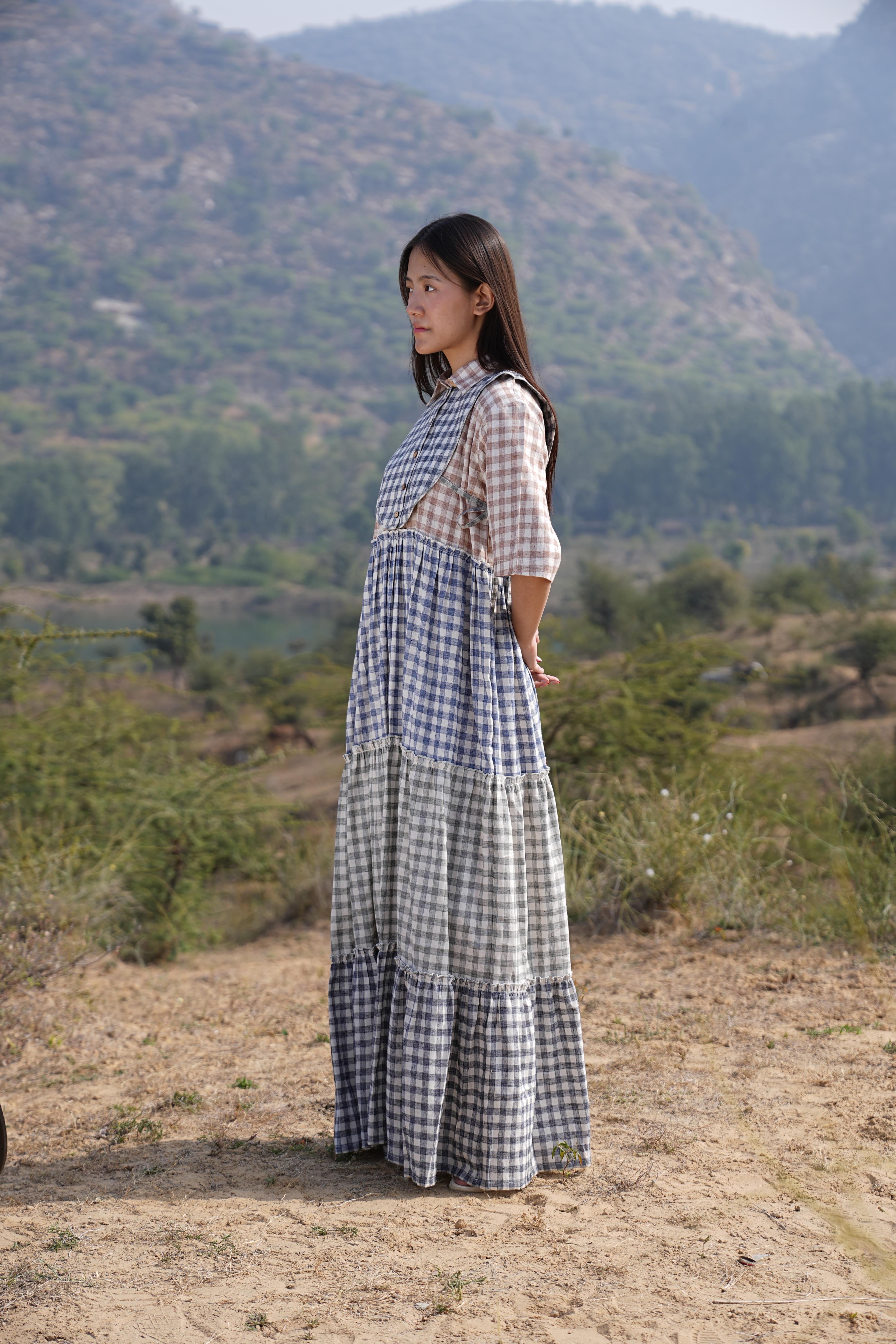 Checked Cotton Maxi Dress for Women — Shirt Collar – Vanshitaaz