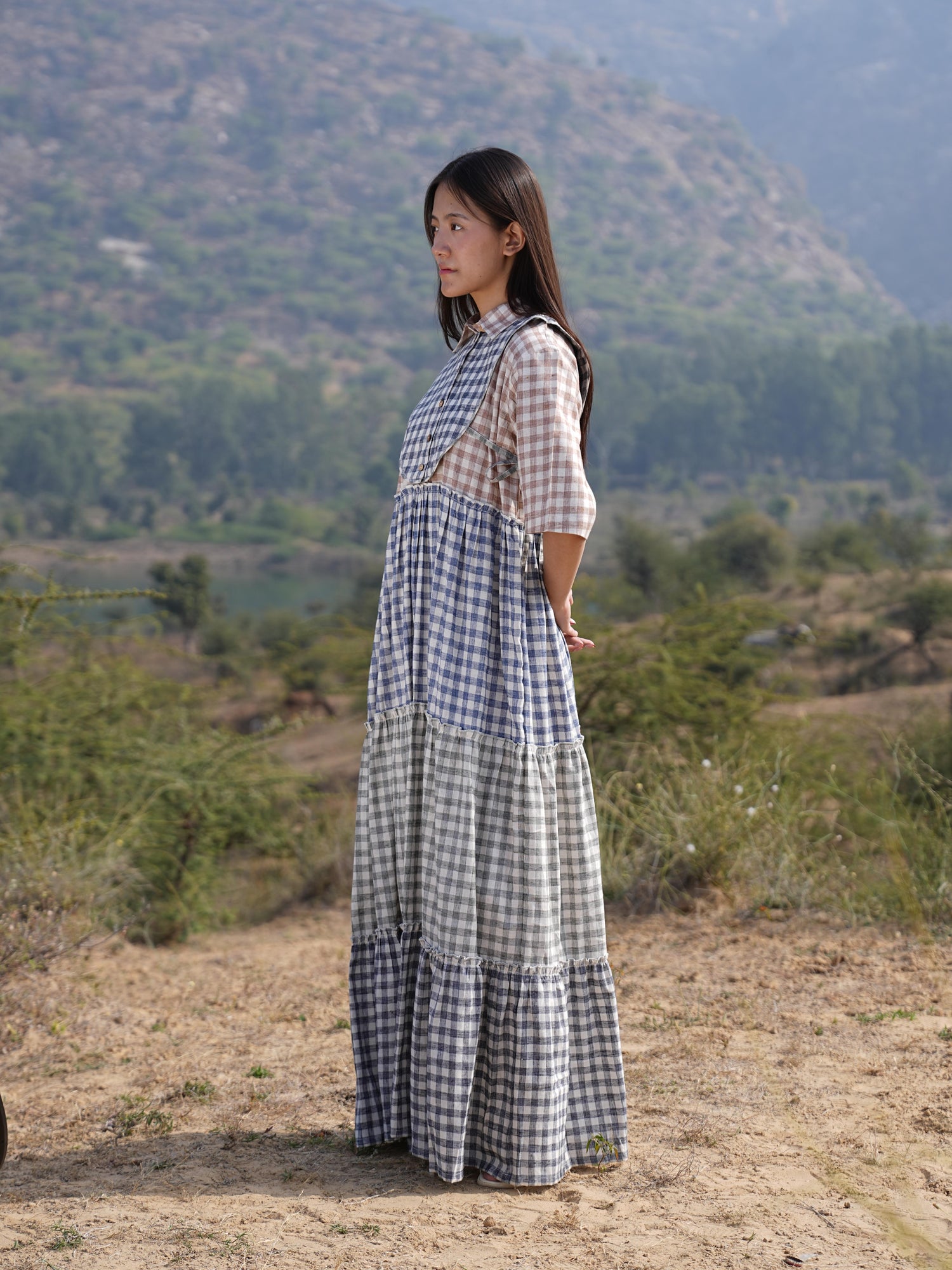 Relaxed, anti-fit checked cotton maxi dress shown in natural daylight