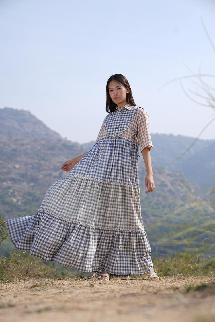 Full-length checked cotton maxi dress in a relaxed fit