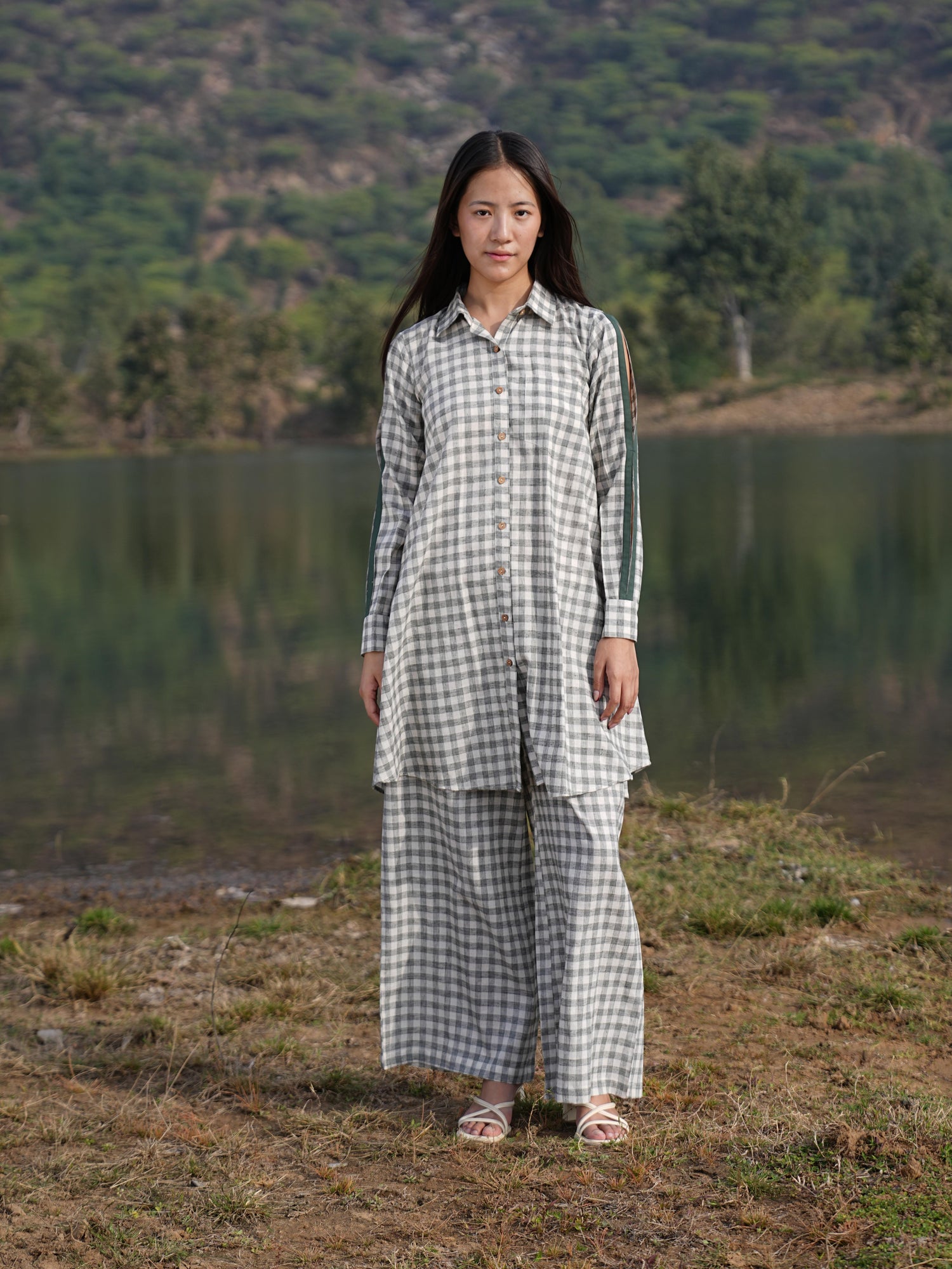 Relaxed A-line cotton co-ord shown full length