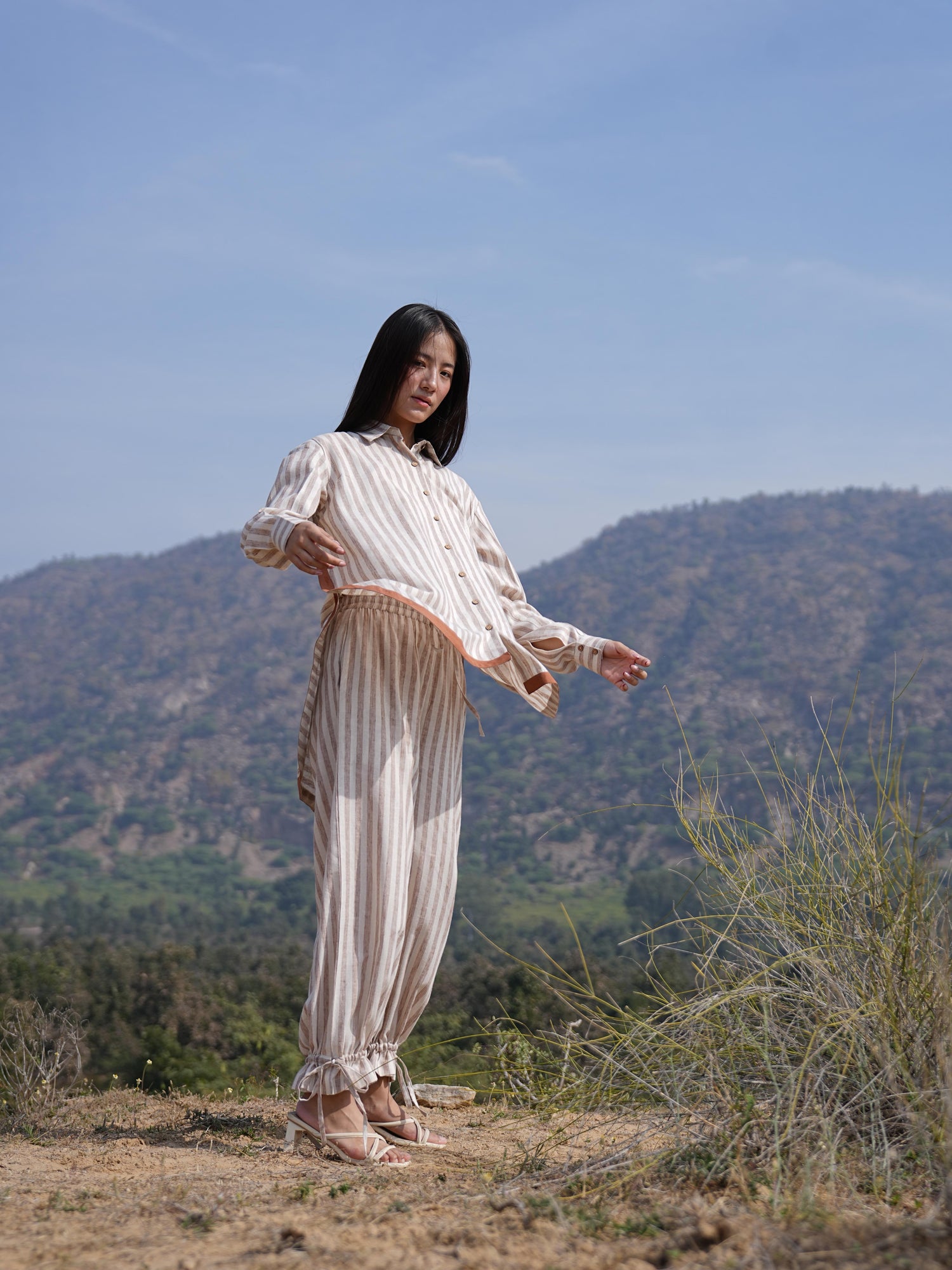 Loom-textured striped cotton fabric detail of the Sutra Arc Stripe co-ord