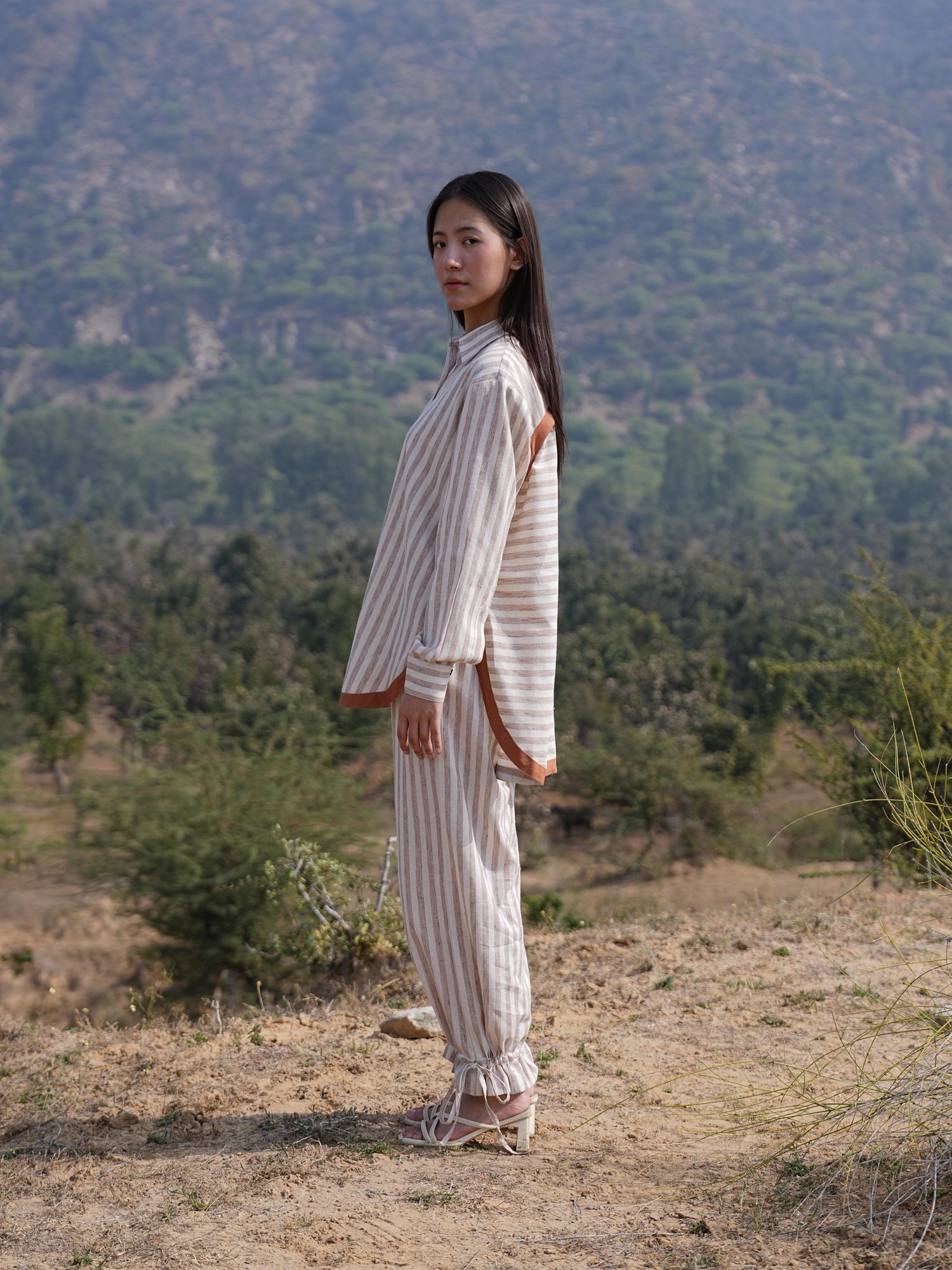Back view of the Sutra Arc Stripe striped cotton co-ord set for women