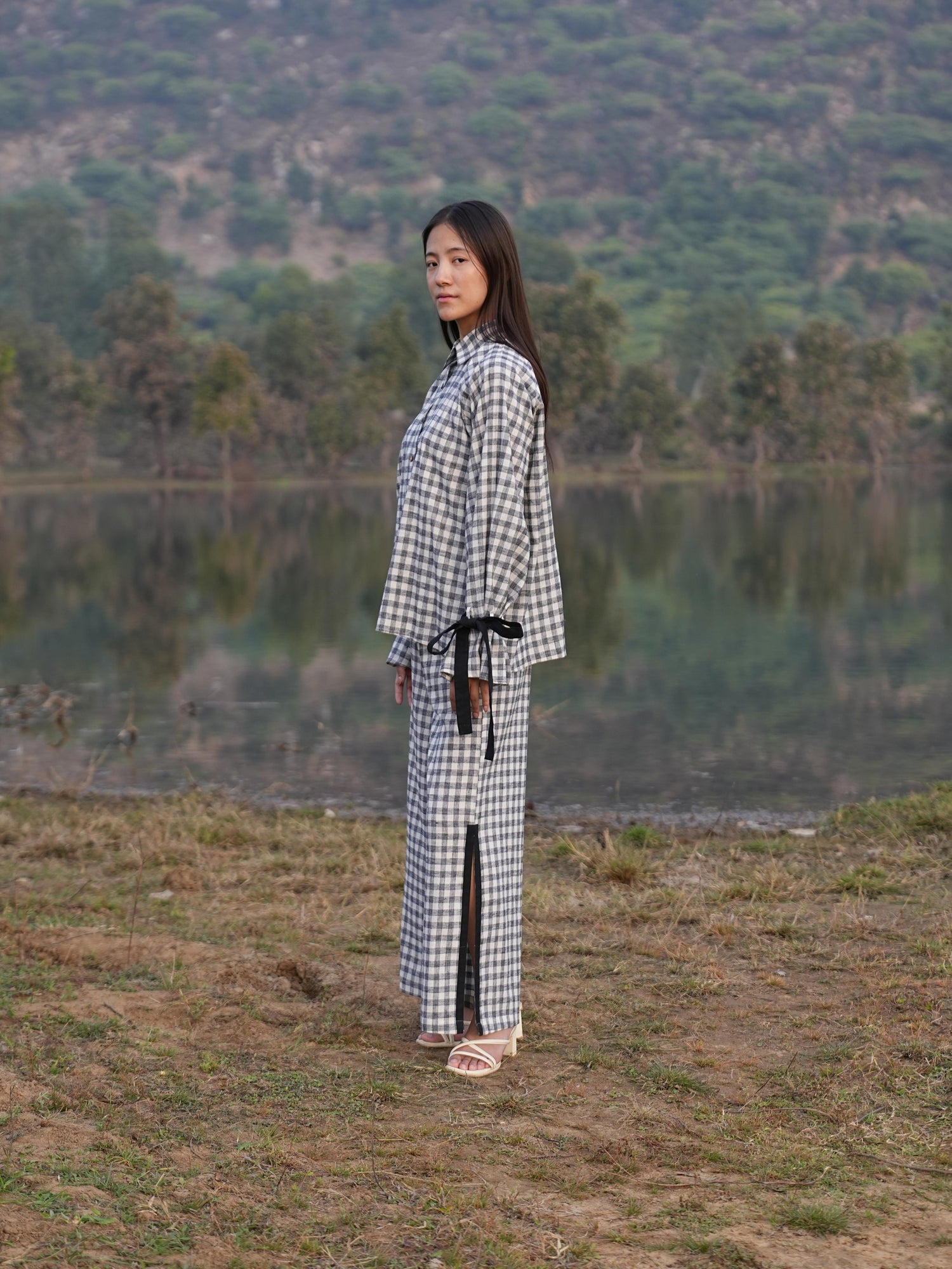 Full-length balloon-sleeve checked cotton co-ord set
