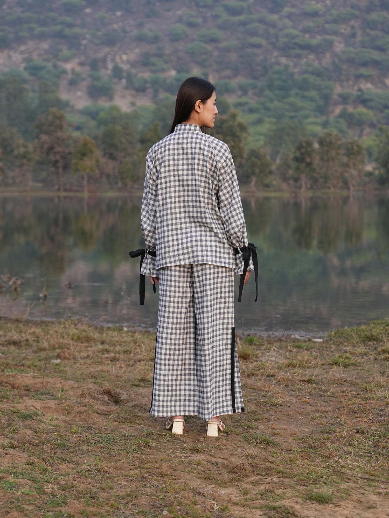 Full-length view of the checked cotton co-ord set