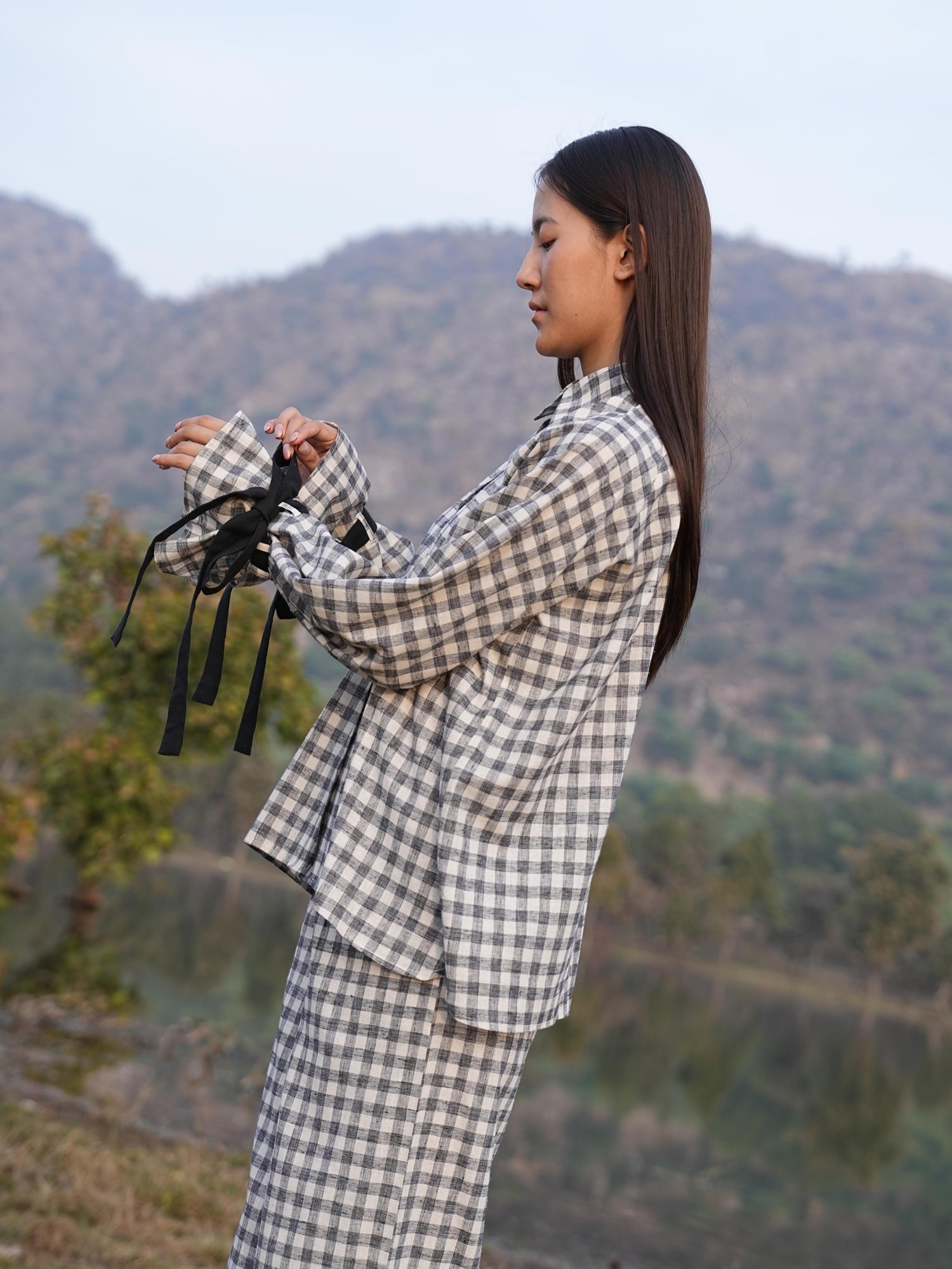 Back view of the checked cotton co-ord set