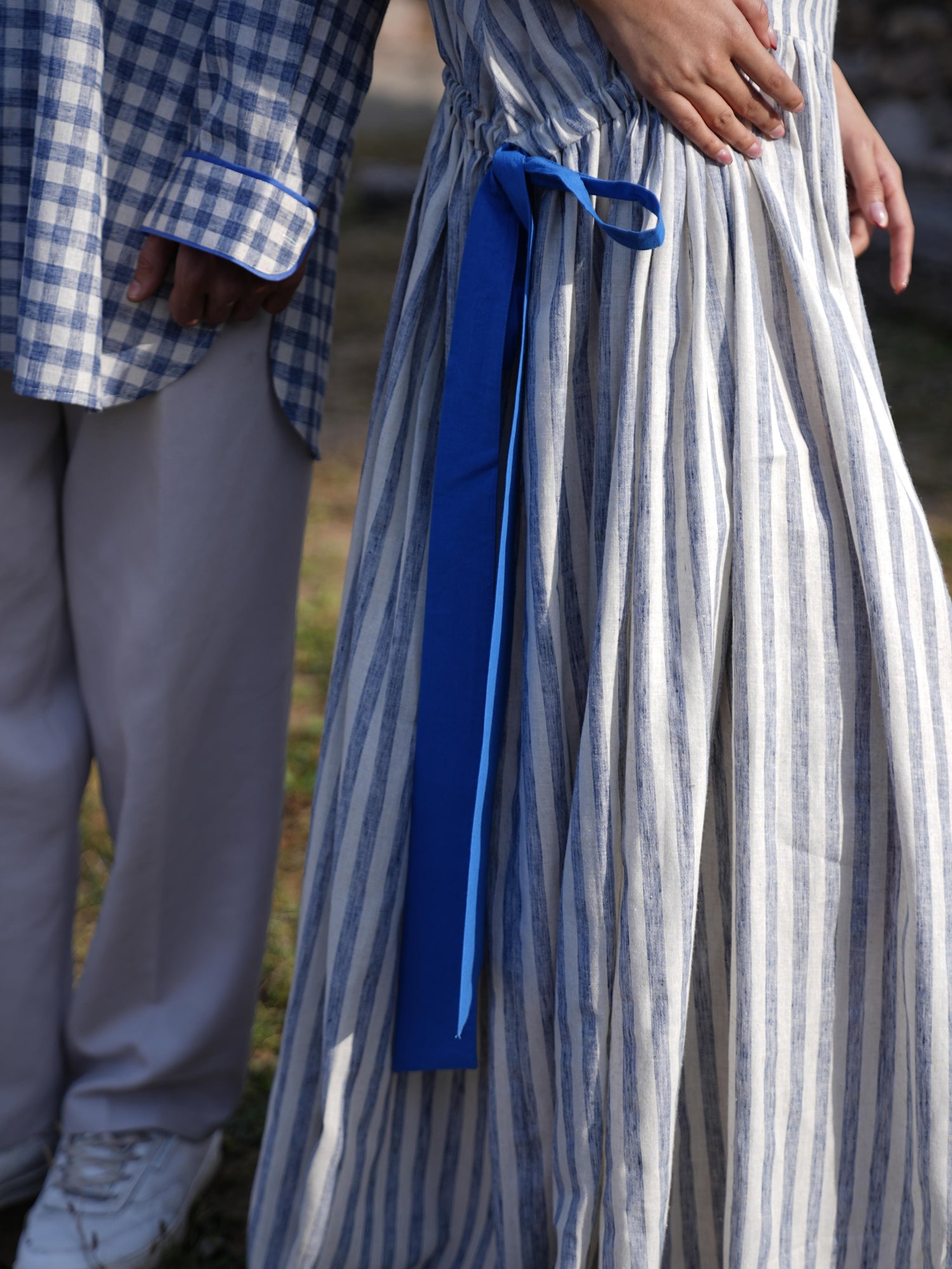 Flowing striped cotton dress shown full length