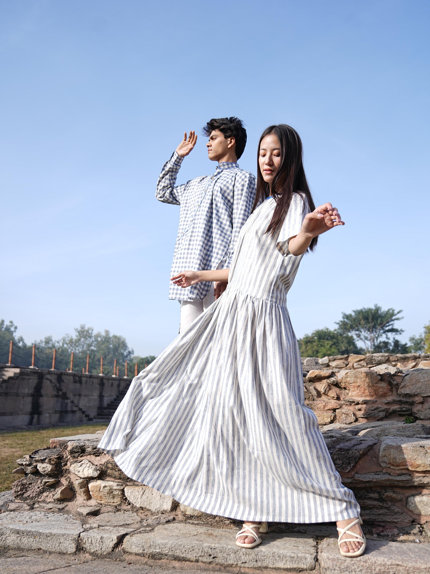 Full-length view of the striped cotton dress