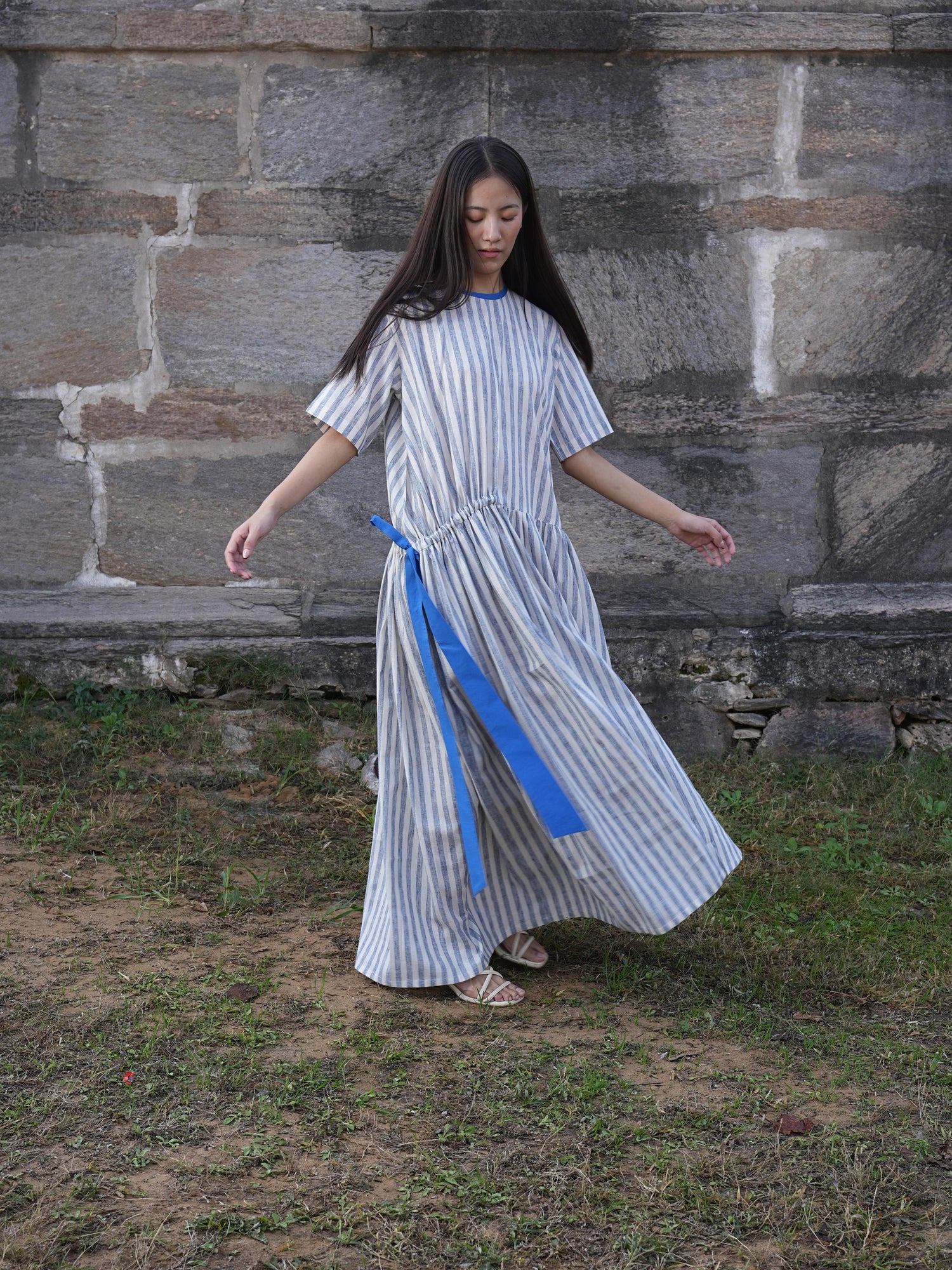 Back view of the striped cotton dress