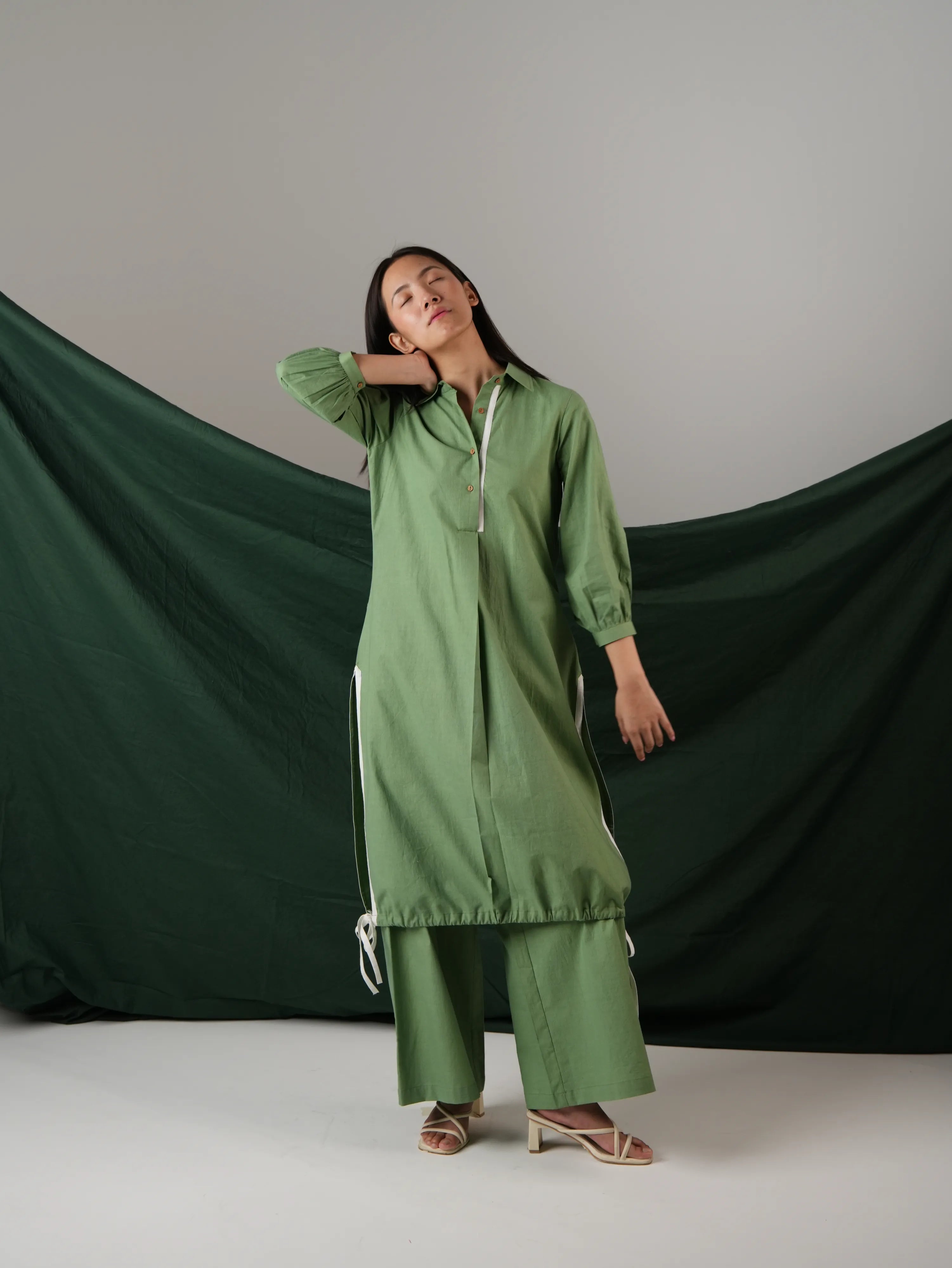 Vanshitaaz Sage Green Cotton Co-ord set with White Stripes Detailing